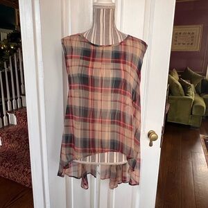 Plaid Sleeveless Women's Top sheer hi lo sleeveless tunic large red blue T322